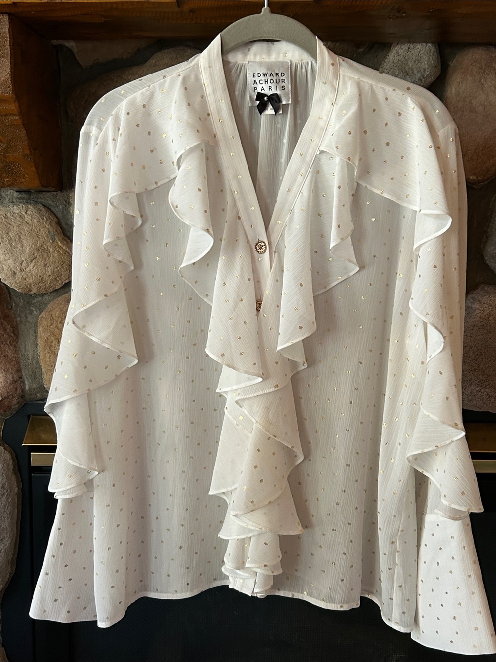 Edward Achour Women's Cream Ruffle Gold Metallic Dots Button Up Blouse, Size M